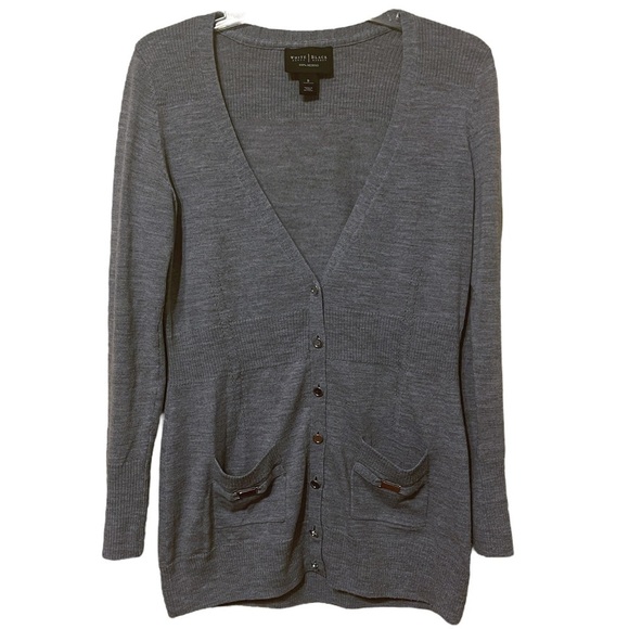 White House Black Market Gray 100% Merino Wool Cardigan Sweater Dark Academia - Picture 1 of 10